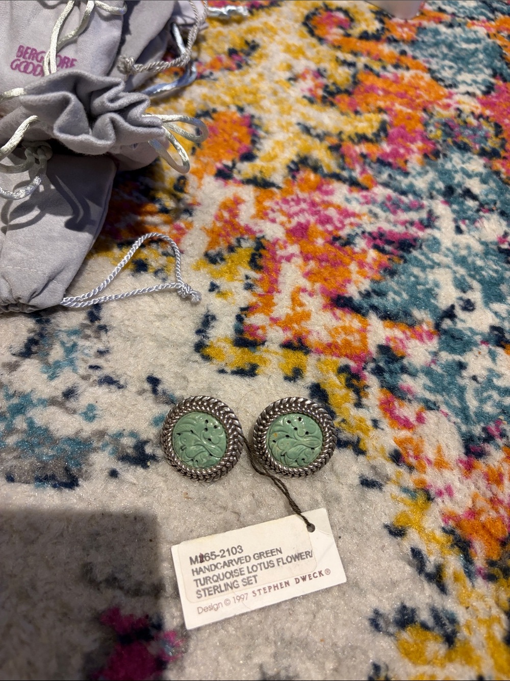 Stephen Dweck Sterling Earrings with Green Turquoise Lotus Carvings